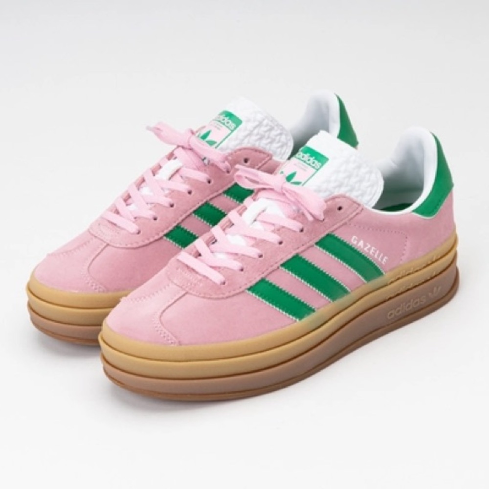 adidas Gazelle Platform Sneakers in Pink and Green with Gum Sole